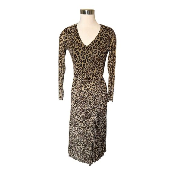 Taylor Stretch Mesh Animal Print Midi Dress Sz 4 Ruched Split - Picture 3 of 7